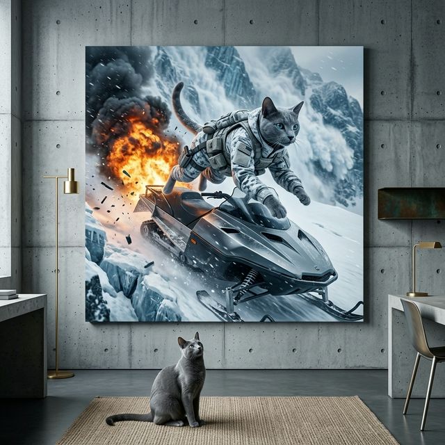 Midnight Operative Canvas room mockup; custom cat portrait canvas from photo in the Midnight Operative style; gray cat; proof before print.