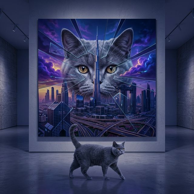 Neon Reflection Canvas room mockup; custom cat portrait canvas from photo in the Neon Reflection style; black cat; proof before print.