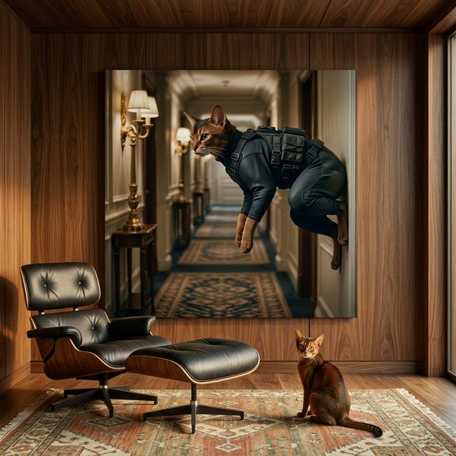 Midnight Operative Canvas room mockup; custom cat portrait canvas from photo in the Midnight Operative style; cat visual variant; proof before print.