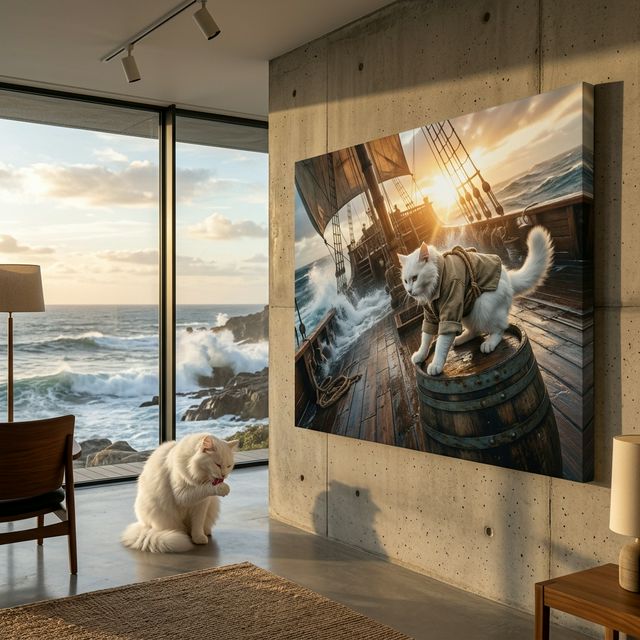Open Water Canvas room mockup; custom cat portrait canvas from photo in the Open Water style; white cat; proof before print.
