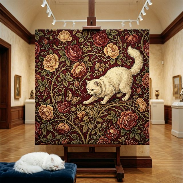 Ornamental Chase Canvas room mockup; custom cat portrait canvas from photo in the Ornamental Chase style; longhair cat; proof before print.