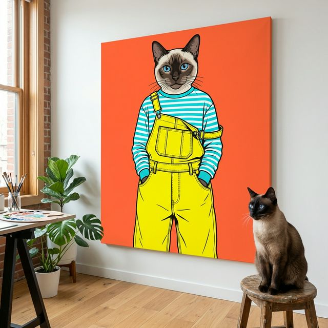 Retro Pop Street Canvas room mockup; custom cat portrait canvas from photo in the Retro Pop Street style; pointed cat; proof before print.