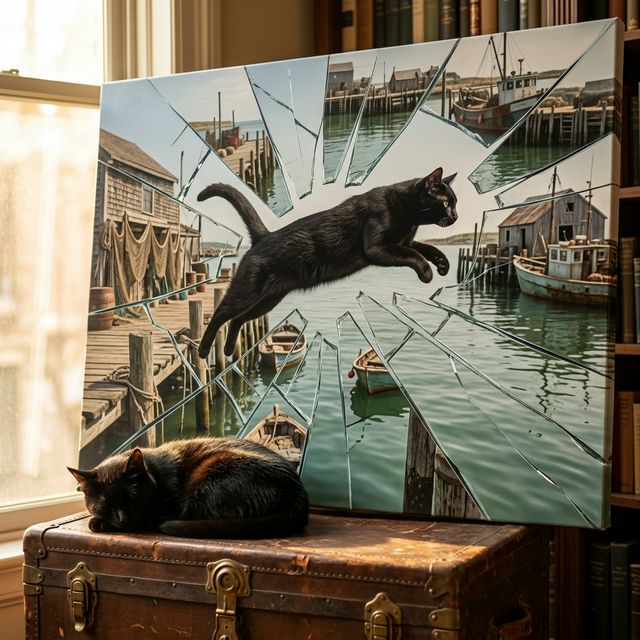 Neon Reflection Canvas room mockup; custom cat portrait canvas from photo in the Neon Reflection style; black cat; proof before print.