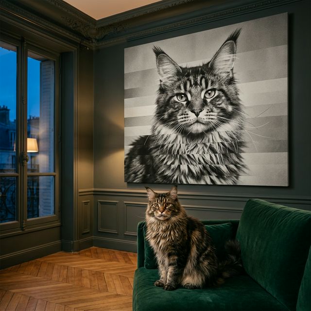 The Fragmented Identity Canvas room mockup; custom cat portrait canvas from photo in the The Fragmented Identity style; longhair cat; proof before print.