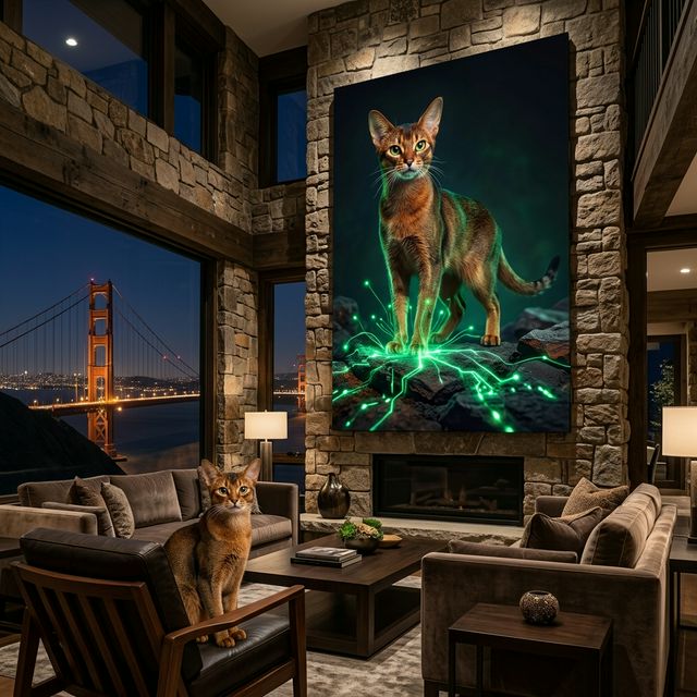 Emerald Signal Canvas room mockup; custom cat portrait canvas from photo in the Emerald Signal style; warm-toned cat; proof before print.