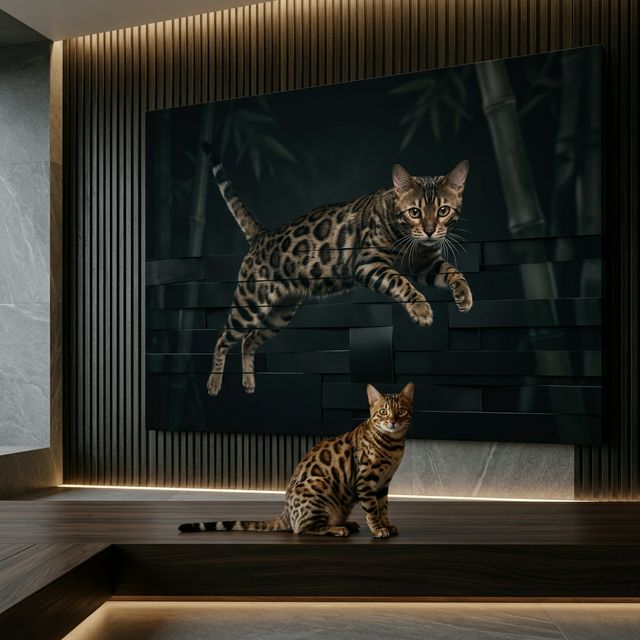 The Fragmented Identity Canvas room mockup; custom cat portrait canvas from photo in the The Fragmented Identity style; spotted tabby-like cat; proof before print.