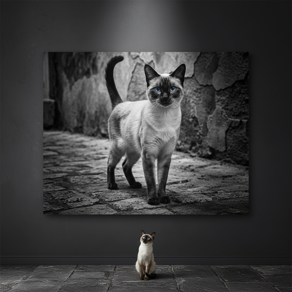 Rural Stone Canvas room mockup; custom cat portrait canvas from photo in the Rural Stone style; pointed cat; proof before print.
