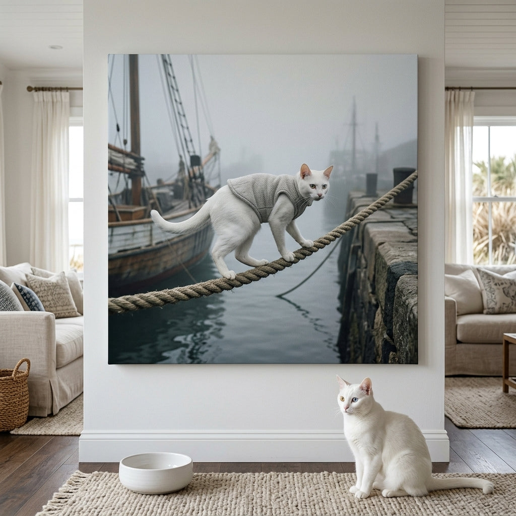 Open Water Canvas room mockup; custom cat portrait canvas from photo in the Open Water style; white cat; proof before print.