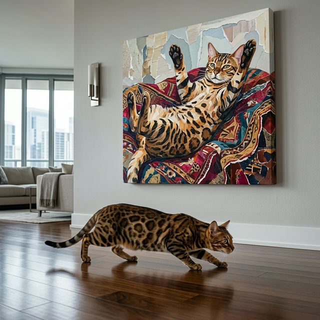 Modern Collage Canvas room mockup; custom cat portrait canvas from photo in the Modern Collage style; spotted tabby-like cat; proof before print.