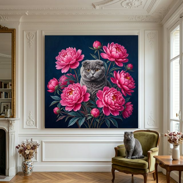 Floral Portrait Cat Canvas room mockup; custom cat portrait canvas from photo in the Floral Portrait Cat style; gray cat; proof before print.