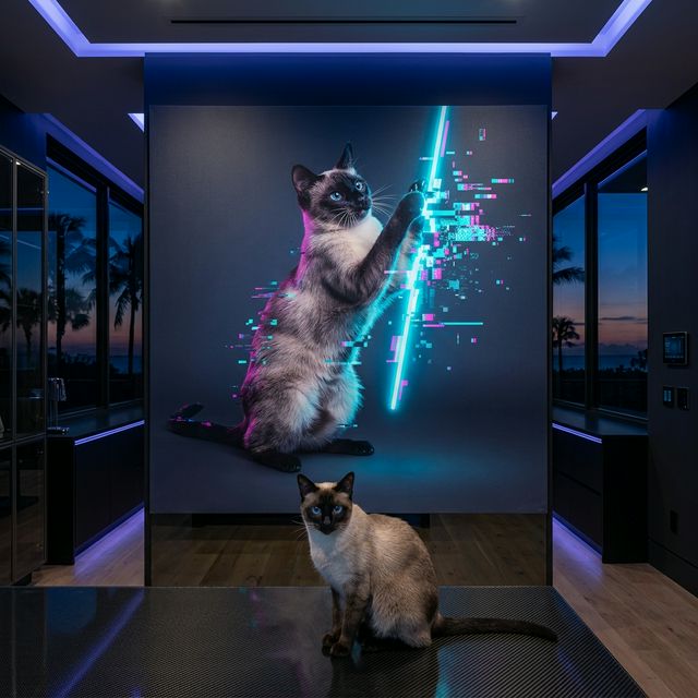Digital Glitch Reality Canvas room mockup; custom cat portrait canvas from photo in the Digital Glitch Reality style; pointed cat; proof before print.