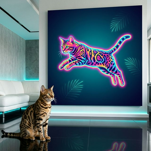Neon Float Canvas room mockup; custom cat portrait canvas from photo in the Neon Float style; spotted tabby-like cat; proof before print.