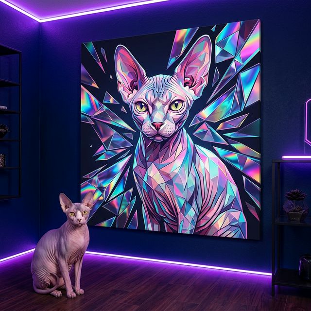 Crystal Shard Canvas room mockup; custom cat portrait canvas from photo in the Crystal Shard style; hairless cat; proof before print.