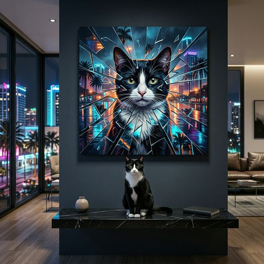Neon Reflection Canvas room mockup; custom cat portrait canvas from photo in the Neon Reflection style; tuxedo cat; proof before print.