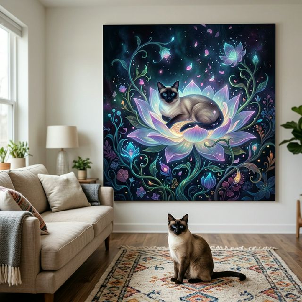 Mythic Forest Dream Canvas room mockup; custom cat portrait canvas from photo in the Mythic Forest Dream style; nature-themed; longhair cat; proof before print.