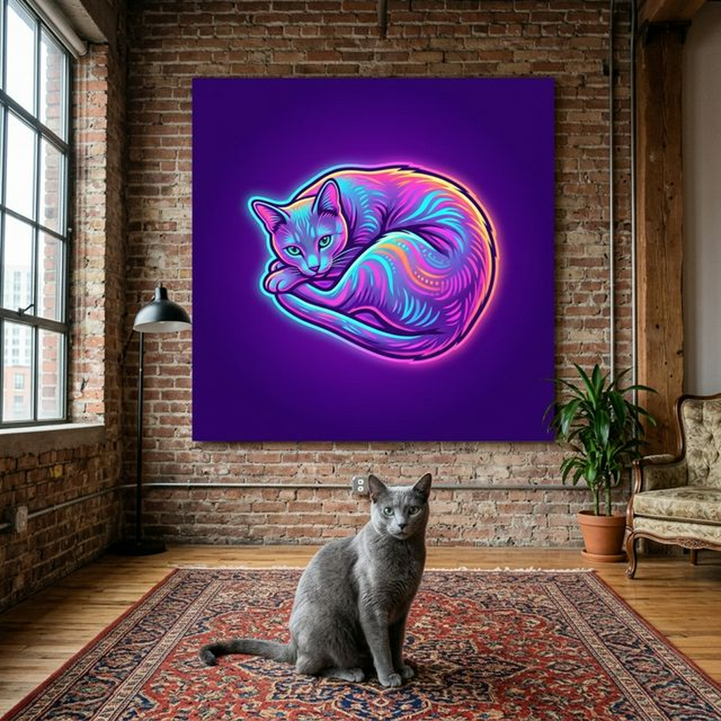 Neon Float Canvas room mockup; custom cat portrait canvas from photo in the Neon Float style; tabby cat; proof before print.