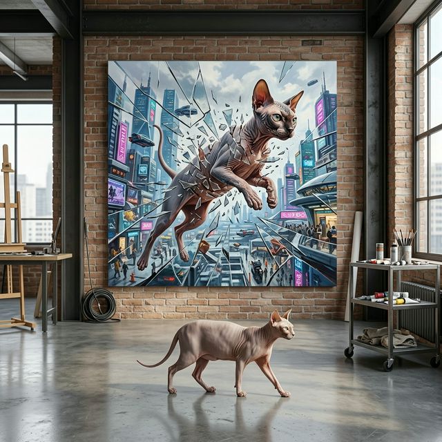 Neon Reflection Canvas room mockup; custom cat portrait canvas from photo in the Neon Reflection style; broadcast-themed; hairless cat; proof before print.