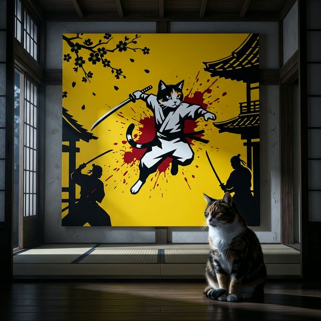 Graphic Ninja Canvas room mockup; custom cat portrait canvas from photo in the Graphic Ninja style; ninja-themed; calico cat; proof before print.