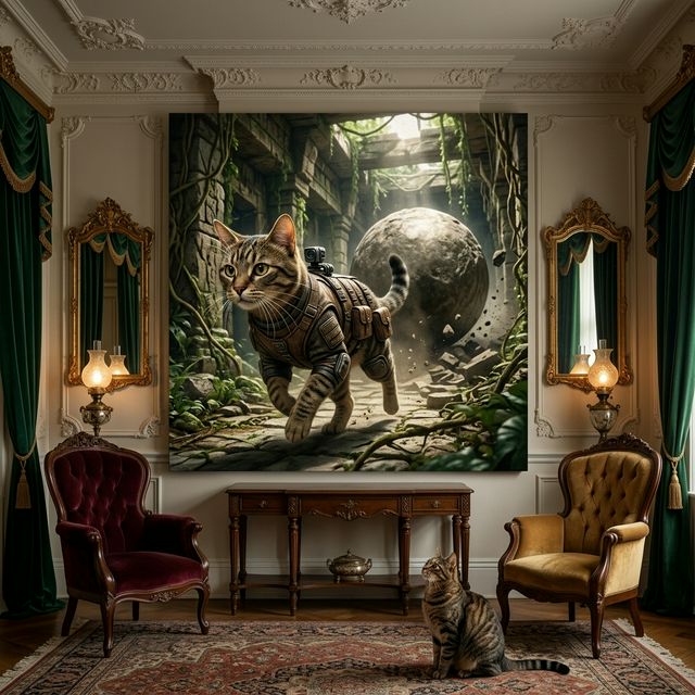 Midnight Operative Canvas room mockup; custom cat portrait canvas from photo in the Midnight Operative style; brown tabby cat; proof before print.