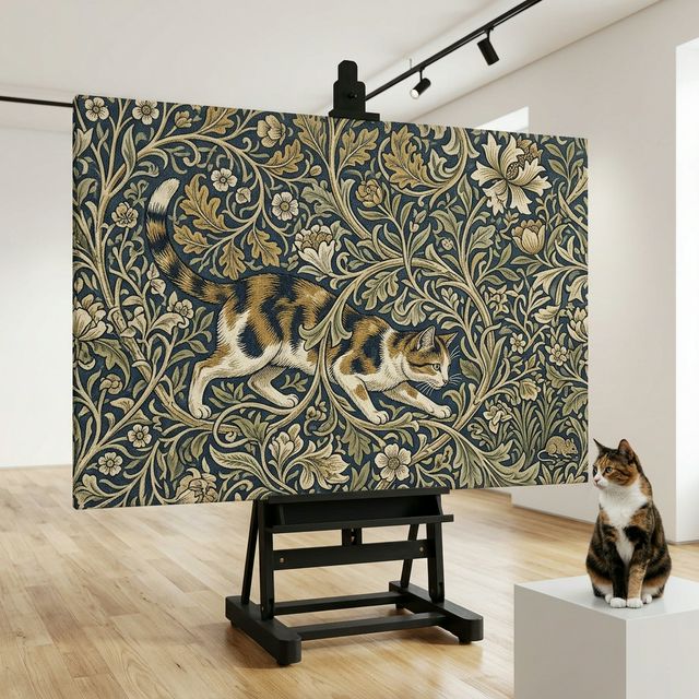 Ornamental Chase Canvas room mockup; custom cat portrait canvas from photo in the Ornamental Chase style; tuxedo cat; proof before print.