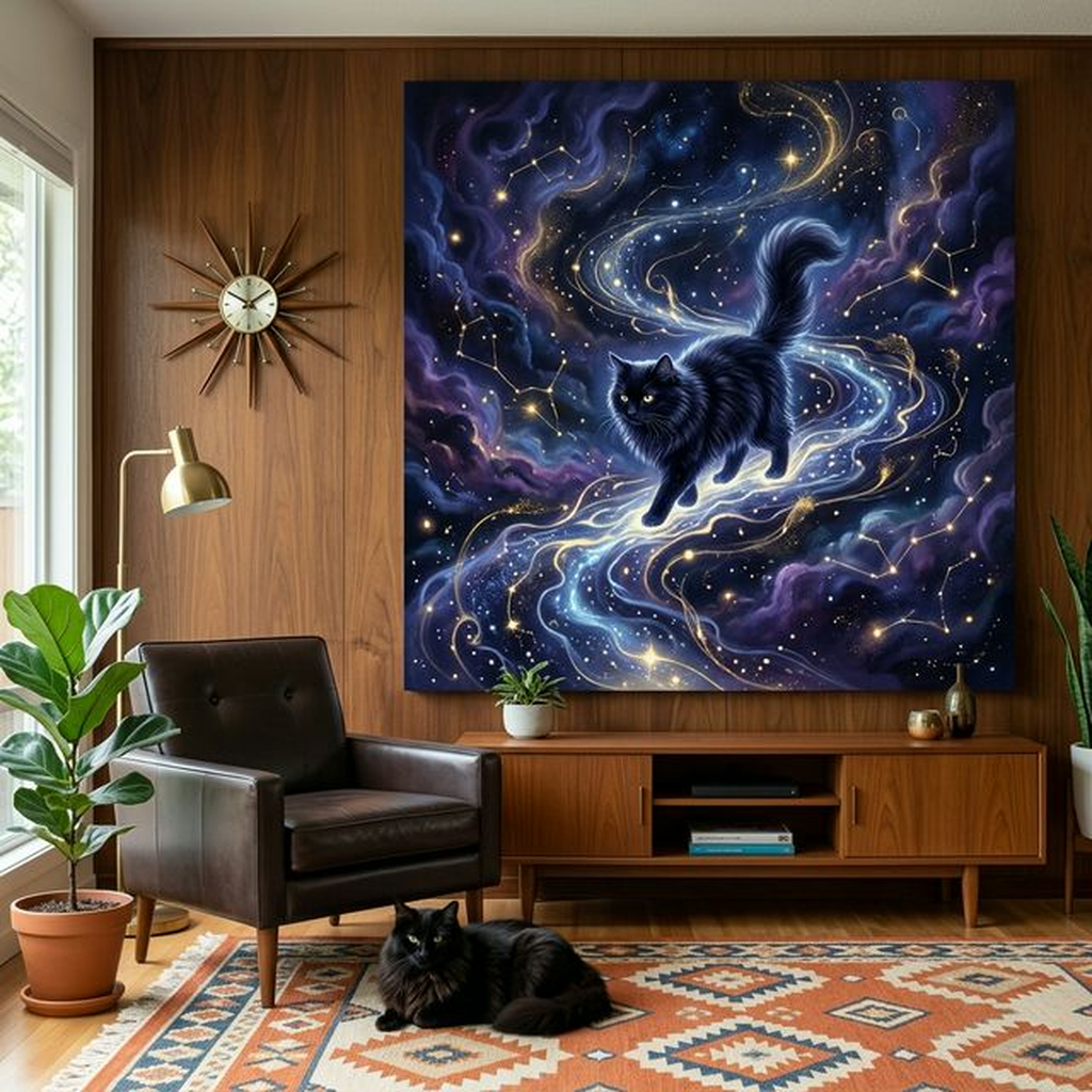 Mythic Forest Dream Canvas room mockup; custom cat portrait canvas from photo in the Mythic Forest Dream style; nature-themed; black cat; proof before print.