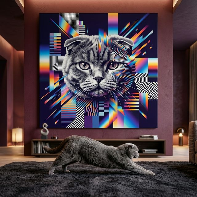 Neon Tech Pop Canvas room mockup; custom cat portrait canvas from photo in the Neon Tech Pop style; gray cat; proof before print.