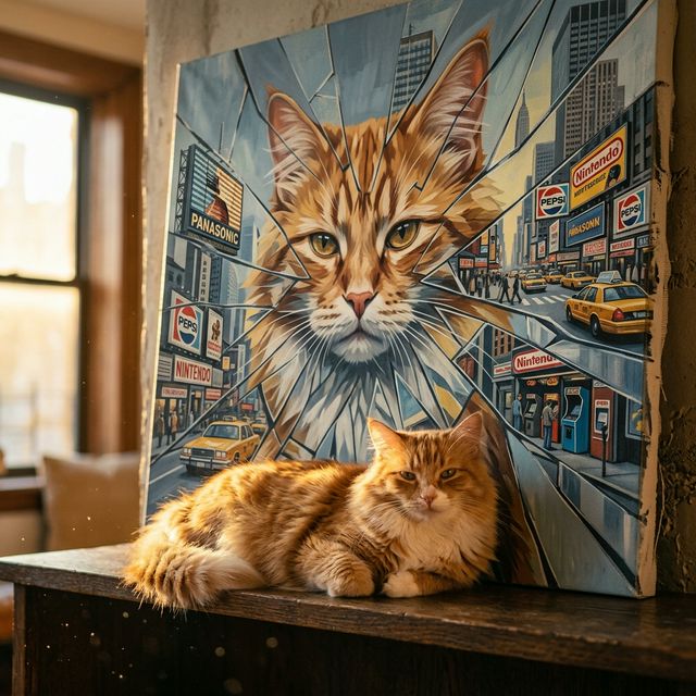 Neon Reflection Canvas room mockup; custom cat portrait canvas from photo in the Neon Reflection style; orange tabby cat; proof before print.