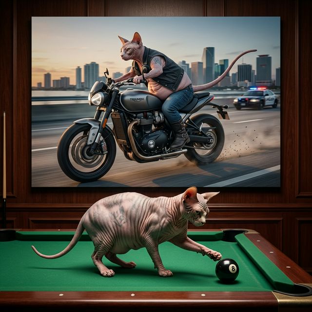 Cinematic Biker Canvas room mockup; custom cat portrait canvas from photo in the Cinematic Biker style; hairless cat; proof before print.
