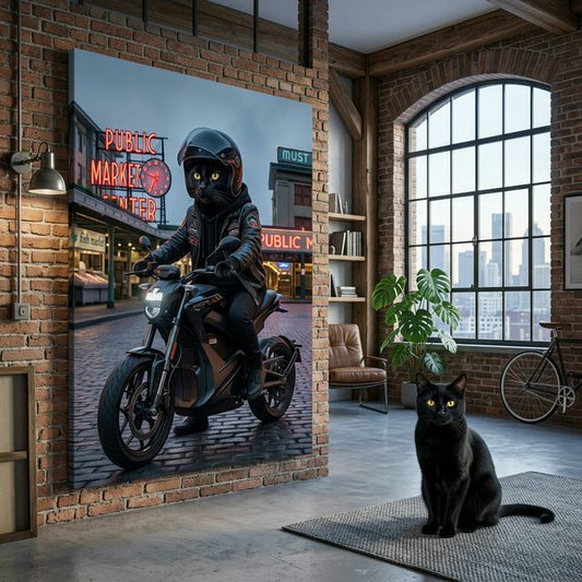 Cinematic Biker Canvas room mockup; custom cat portrait canvas from photo in the Cinematic Biker style; black cat; proof before print.