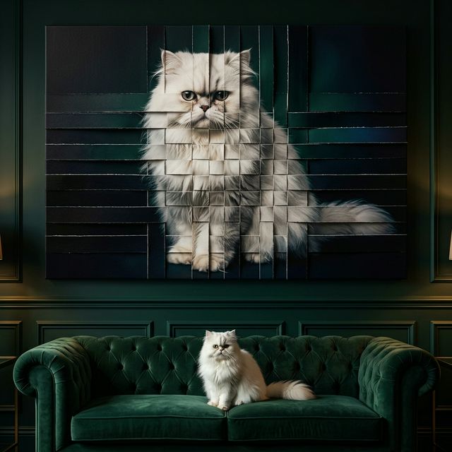 The Fragmented Identity Canvas room mockup; custom cat portrait canvas from photo in the The Fragmented Identity style; longhair cat; proof before print.