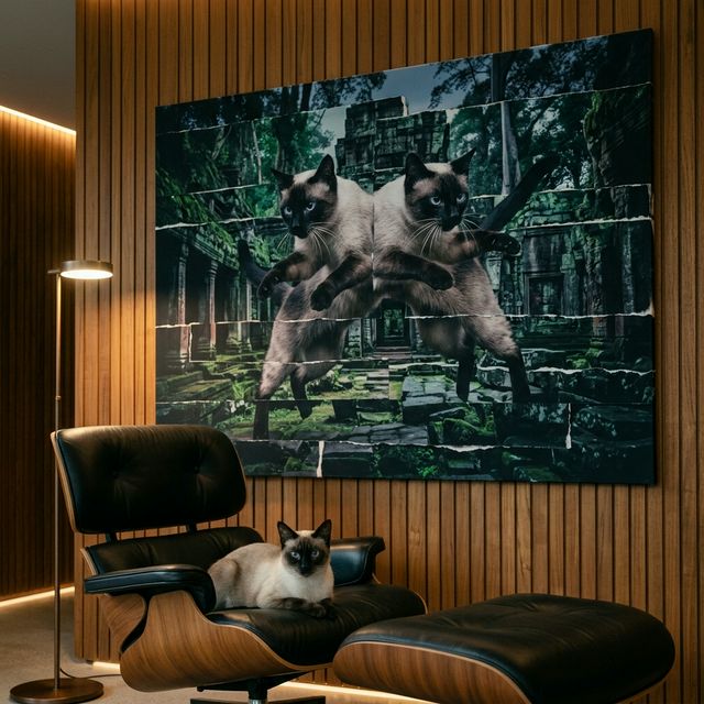 The Fragmented Identity Canvas room mockup; custom cat portrait canvas from photo in the The Fragmented Identity style; nature-themed; pointed cat; proof before print.