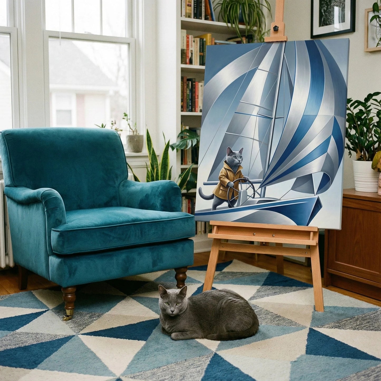 Art Deco Flight Cat Canvas room mockup; custom cat portrait canvas from photo in the Art Deco Flight Cat style; flight-themed; gray cat; proof before print.