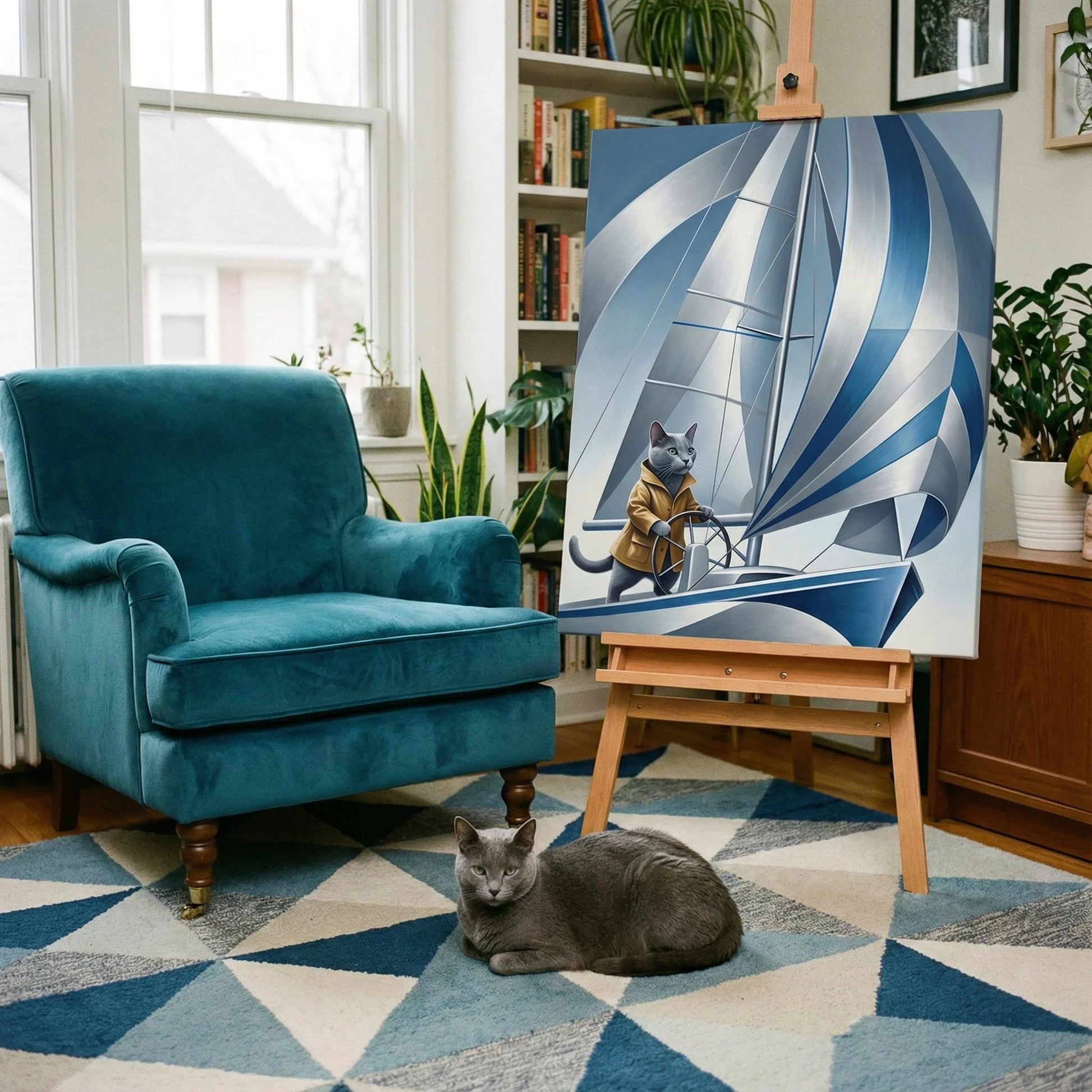 Art Deco Flight Cat Canvas room mockup; custom cat portrait canvas from photo in the Art Deco Flight Cat style; flight-themed; gray cat; proof before print.
