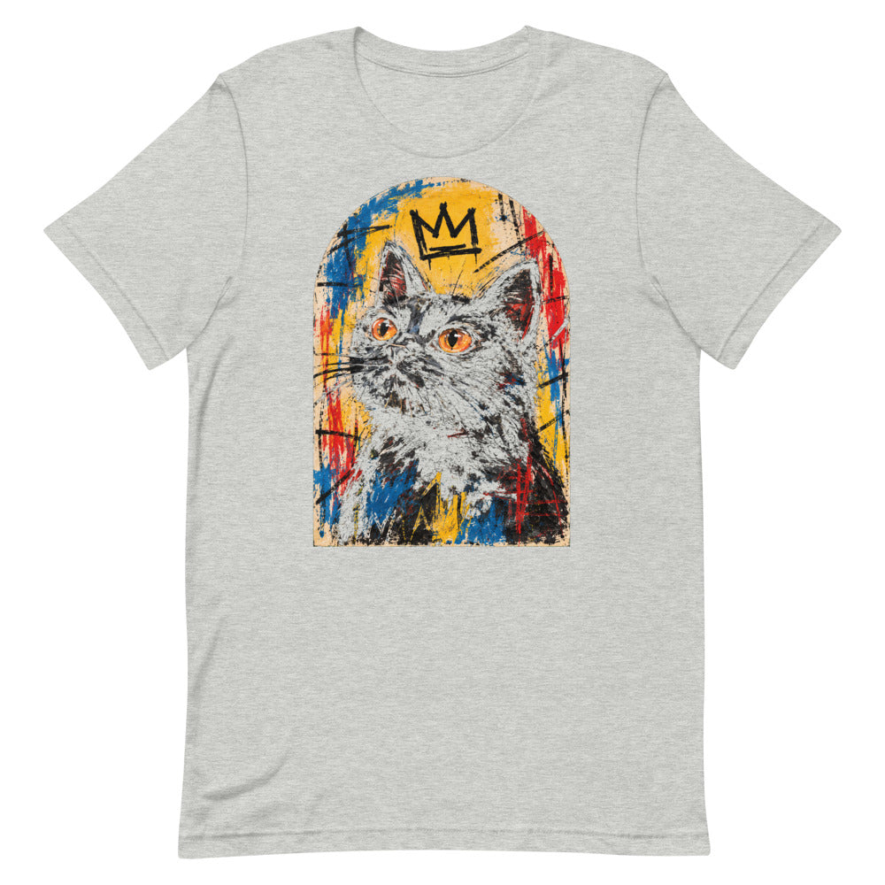 Custom cat portrait t-shirt, Basquiat style, Athletic Heather, flat