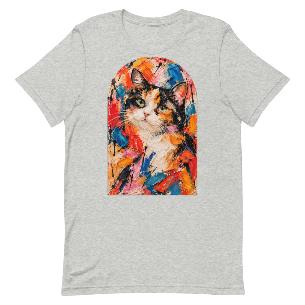 Custom cat portrait t-shirt, Abstract Expressionism style, Athletic Heather, flat