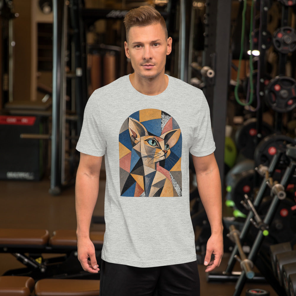 Custom cat portrait t-shirt, Cubism style, Athletic Heather, worn