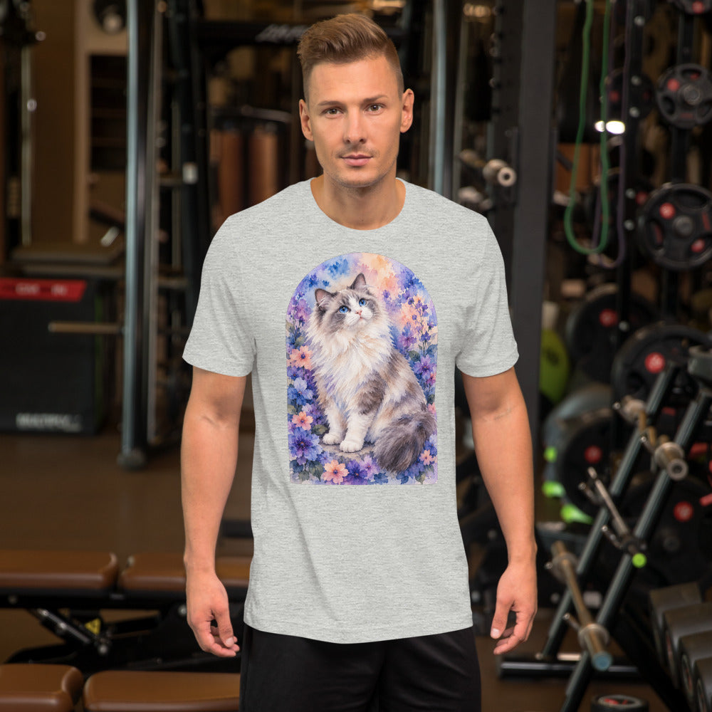 Custom cat portrait t-shirt, Watercolor style, Athletic Heather, worn