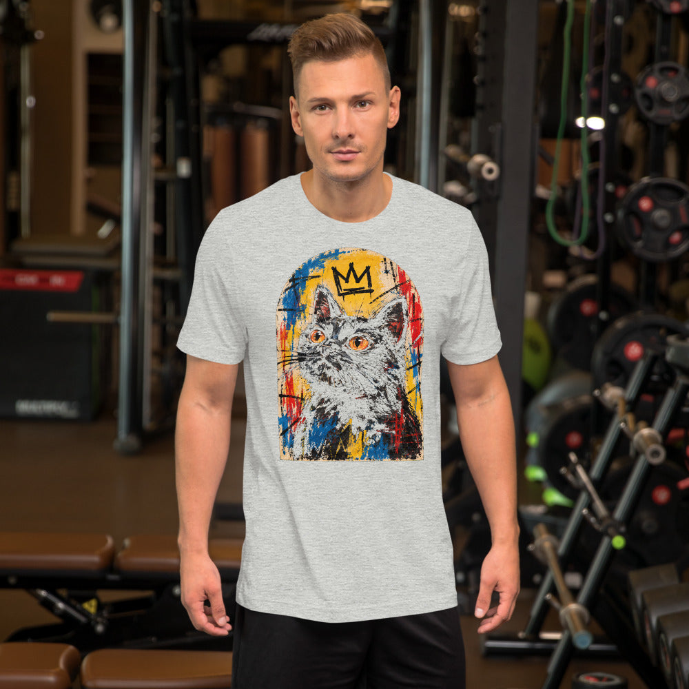 Custom cat portrait t-shirt, Basquiat style, Athletic Heather, worn