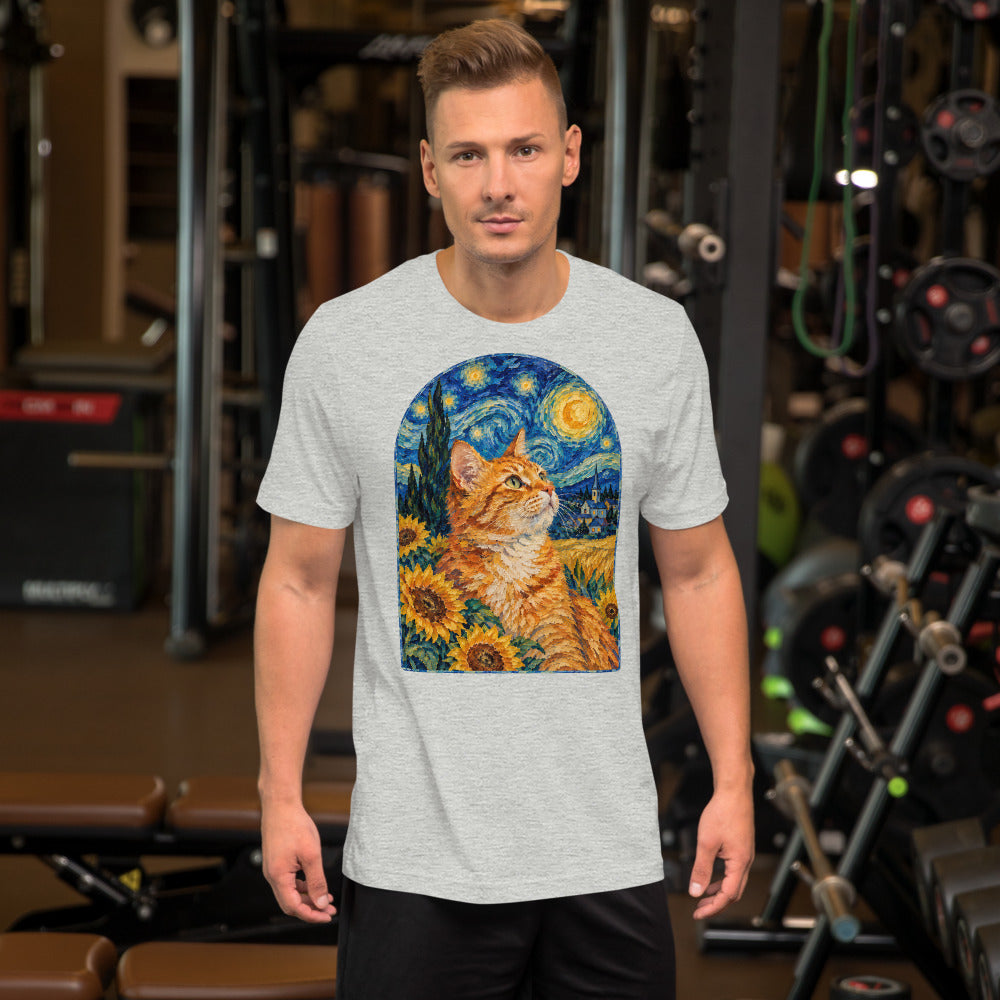 Custom cat portrait t-shirt, Van Gogh style, Athletic Heather, worn