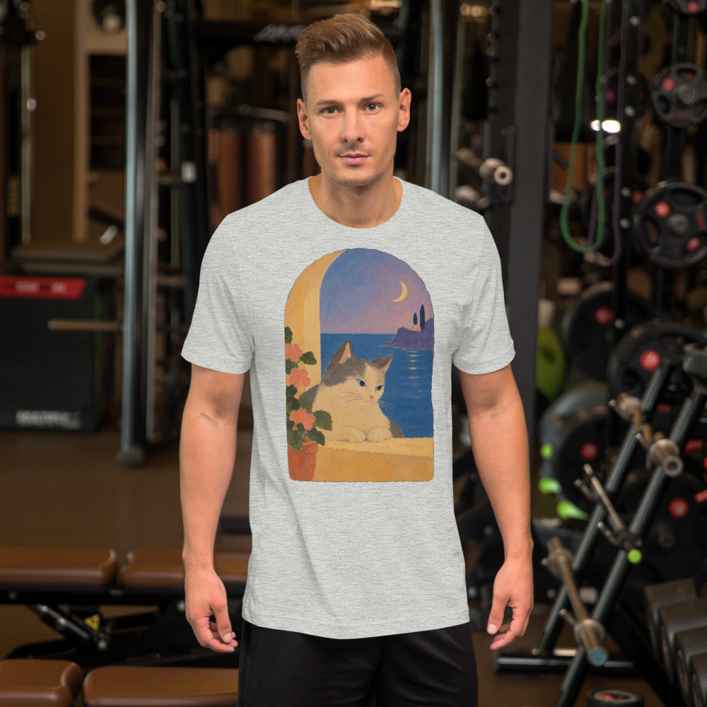 Custom cat portrait t-shirt, Modern Minimalism style, Athletic Heather, worn