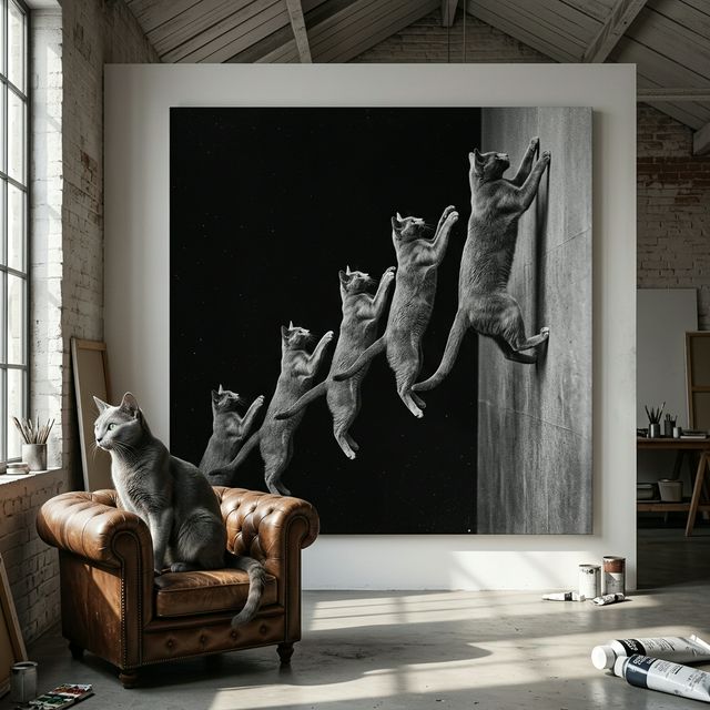 Motion Study Canvas room mockup; custom cat portrait canvas from photo in the Motion Study style; broadcast-themed; black cat; proof before print.