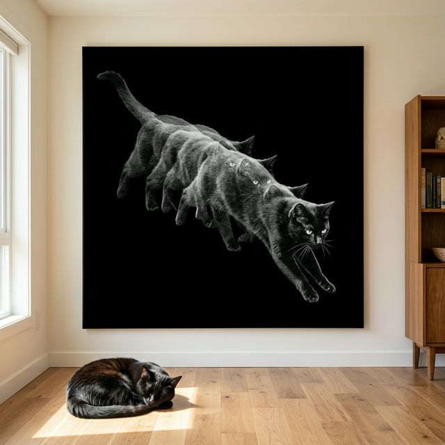 Motion Study Canvas room mockup; custom cat portrait canvas from photo in the Motion Study style; black cat; proof before print.