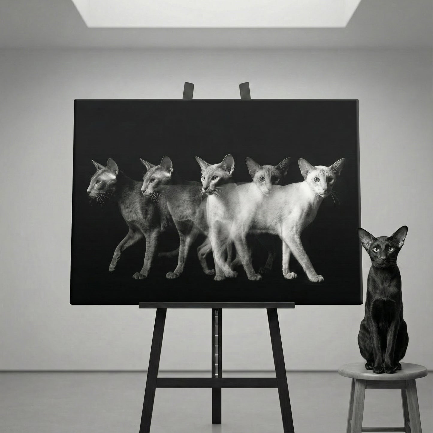 Motion Study Canvas room mockup; custom cat portrait canvas from photo in the Motion Study style; pointed cat; proof before print.