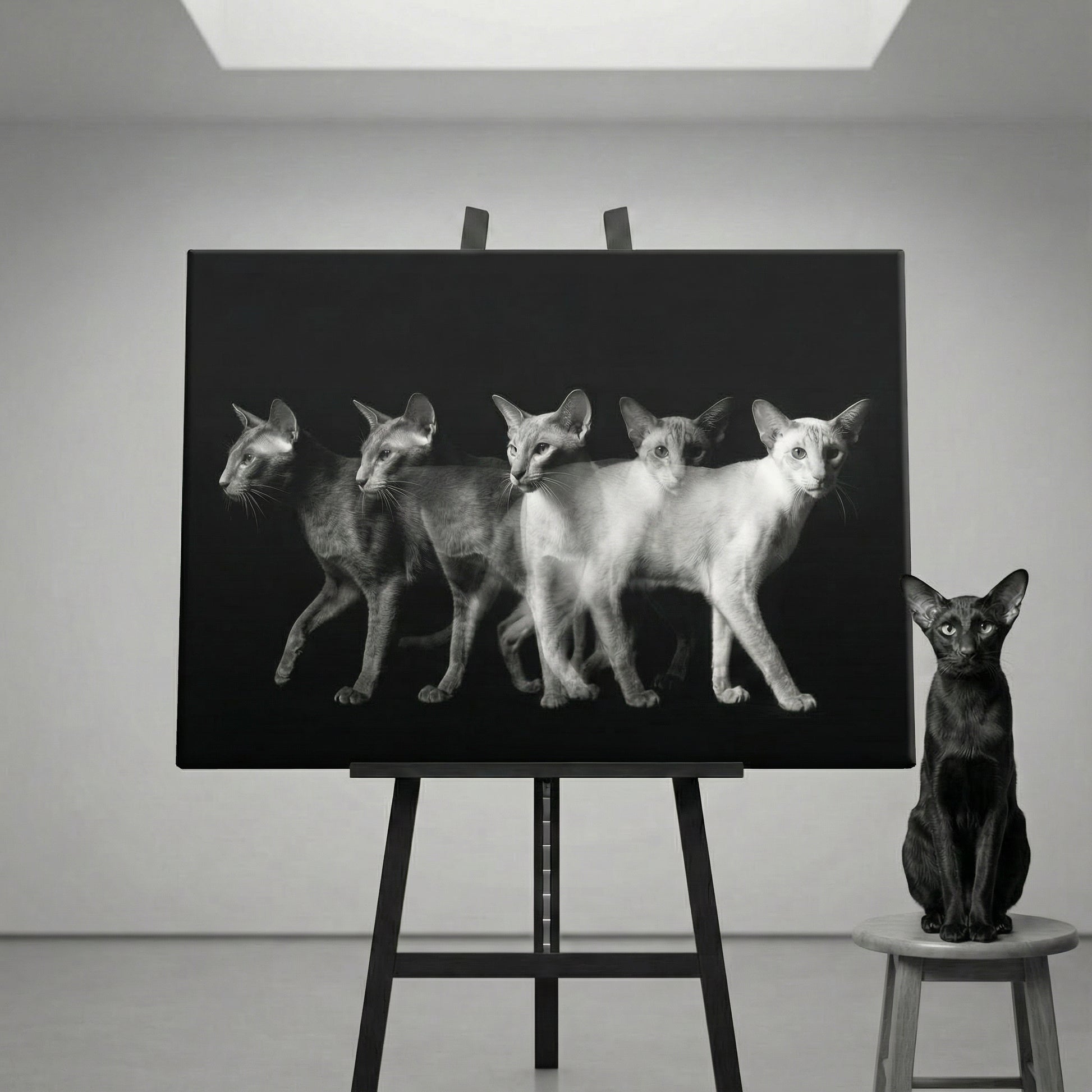 Motion Study Canvas room mockup; custom cat portrait canvas from photo in the Motion Study style; pointed cat; proof before print.