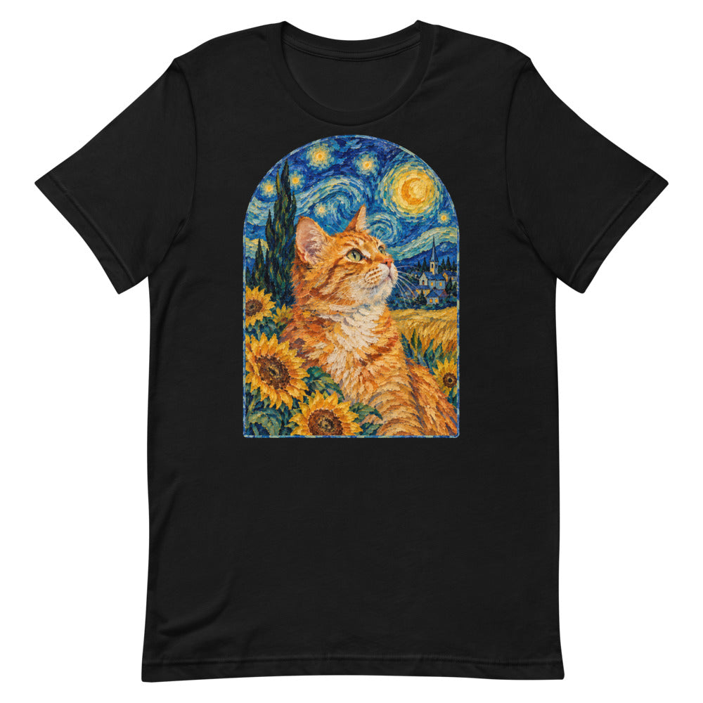 Custom cat portrait t-shirt, Van Gogh style, Black, flat