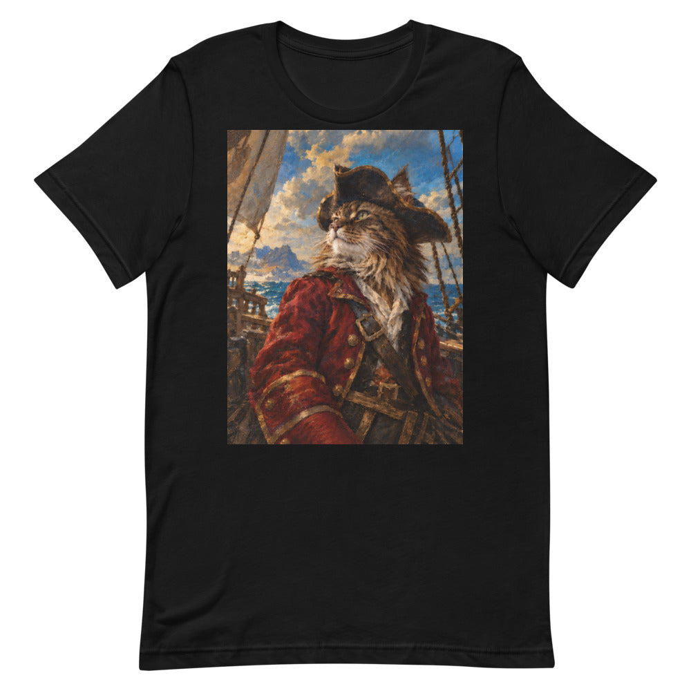 Custom cat portrait t-shirt, Pirate style, Black, flat