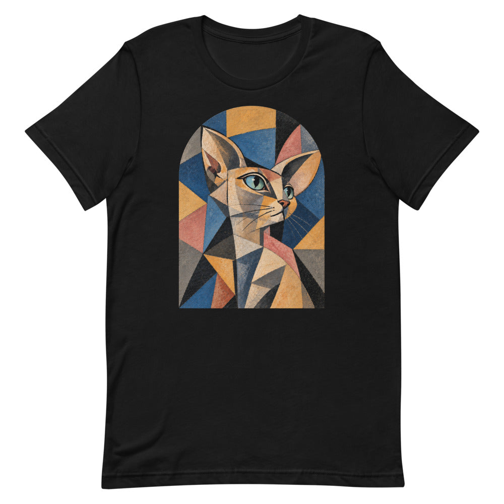 Custom cat portrait t-shirt, Cubism style, Black, flat