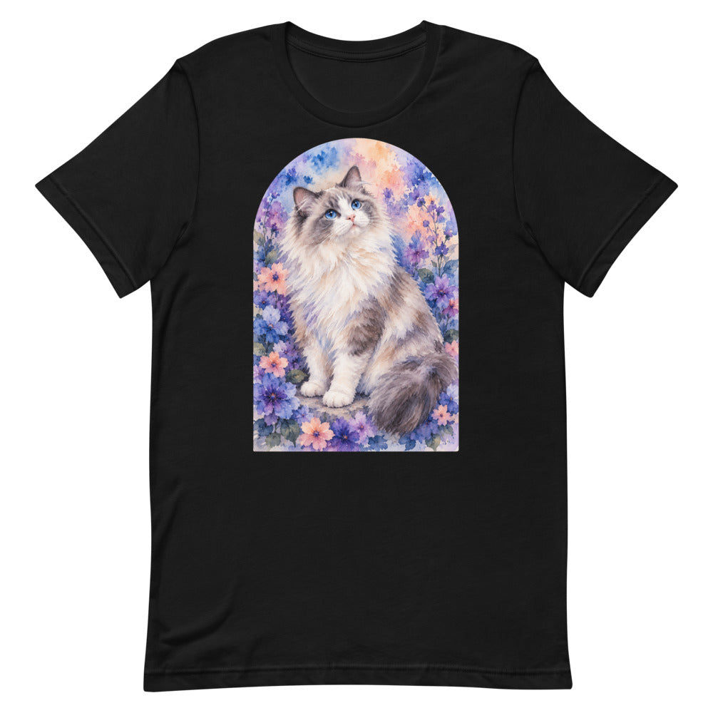 Custom cat portrait t-shirt, Watercolor style, Black, flat