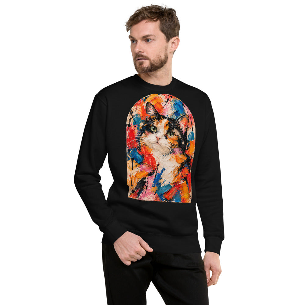 Custom cat portrait sweatshirt, Abstract Expressionism style, worn