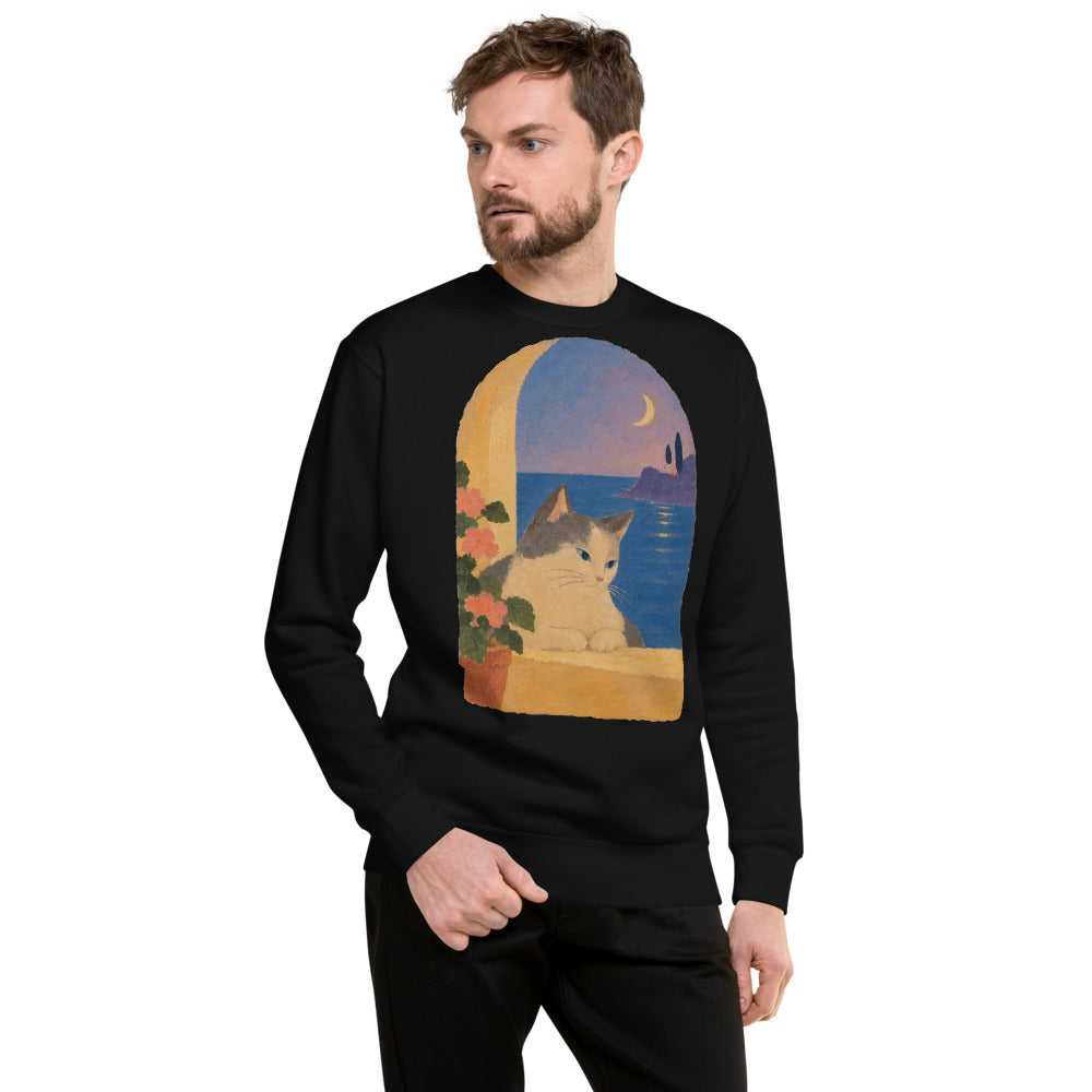 Custom cat portrait sweatshirt, Modern Minimalism style, worn